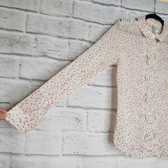 Lauren Conrad Semi Sheer Long Sleeve Button Up Collared Blouse Floral Medium - Picture 9 of 13